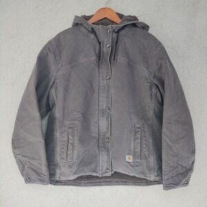 Carhartt Canvas Hooded Jacket Unisex L Sherpa Lined Zip Snap Front Gray Workwear